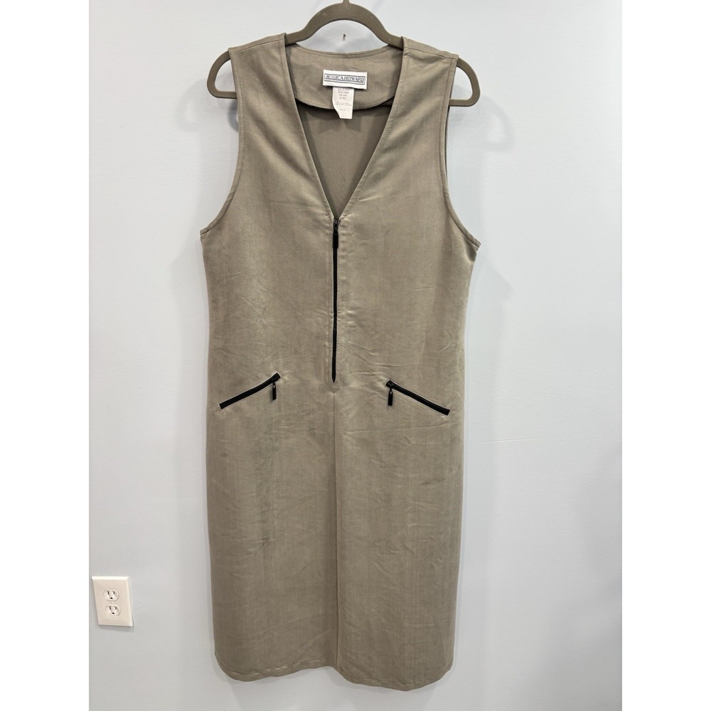 Jessica Howard Sleeveless Zip Front Midi Dress Size 12 Khaki Utility Style